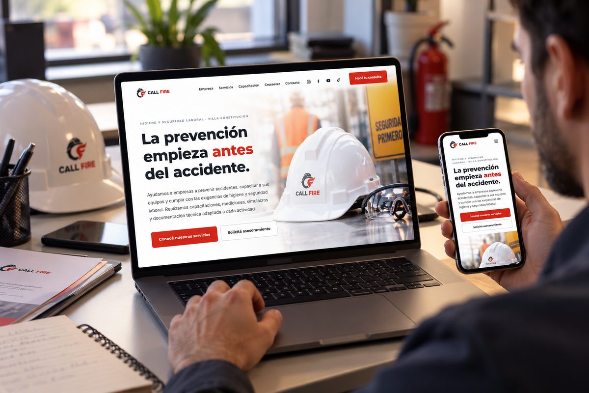 Web de CallFire abierta en una notebook y un celular, junto a un casco con la marca.